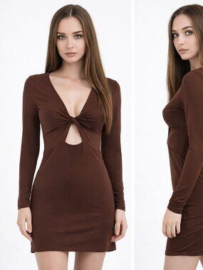 Brown Twist Front Bodycon Dress